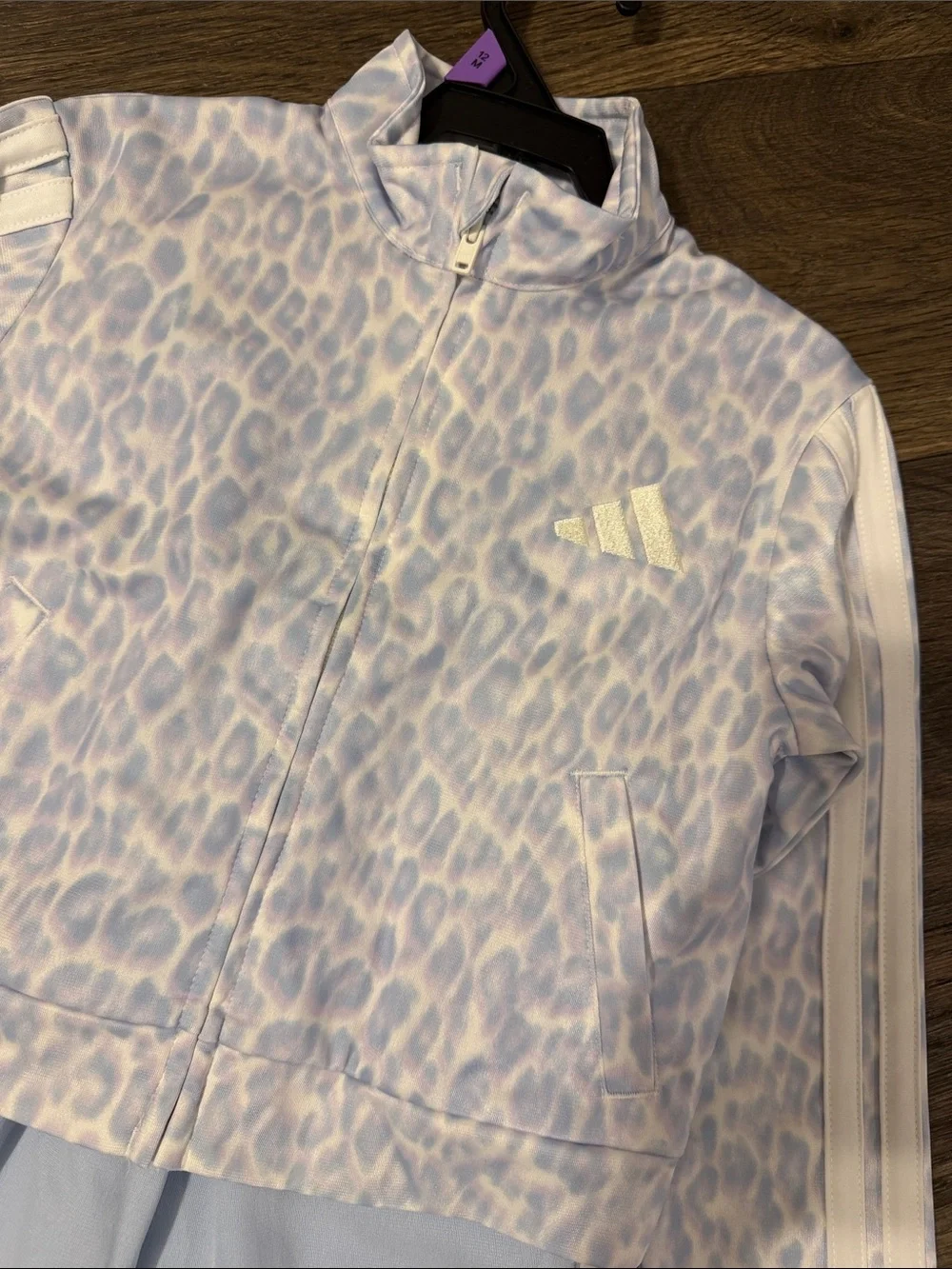 adidas Light Blue & White Leopard Print Track Jacket and Shorts